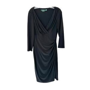 Lauren Ralph Lauren Dress Black V-Neck Long Sleeve Faux‎ Wrap Cocktail Size 10